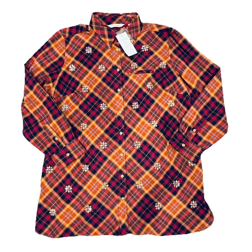 New Soft Surroundings Plaid Flannel BeJeweled Accent Tunic Blouse Shirt 1X